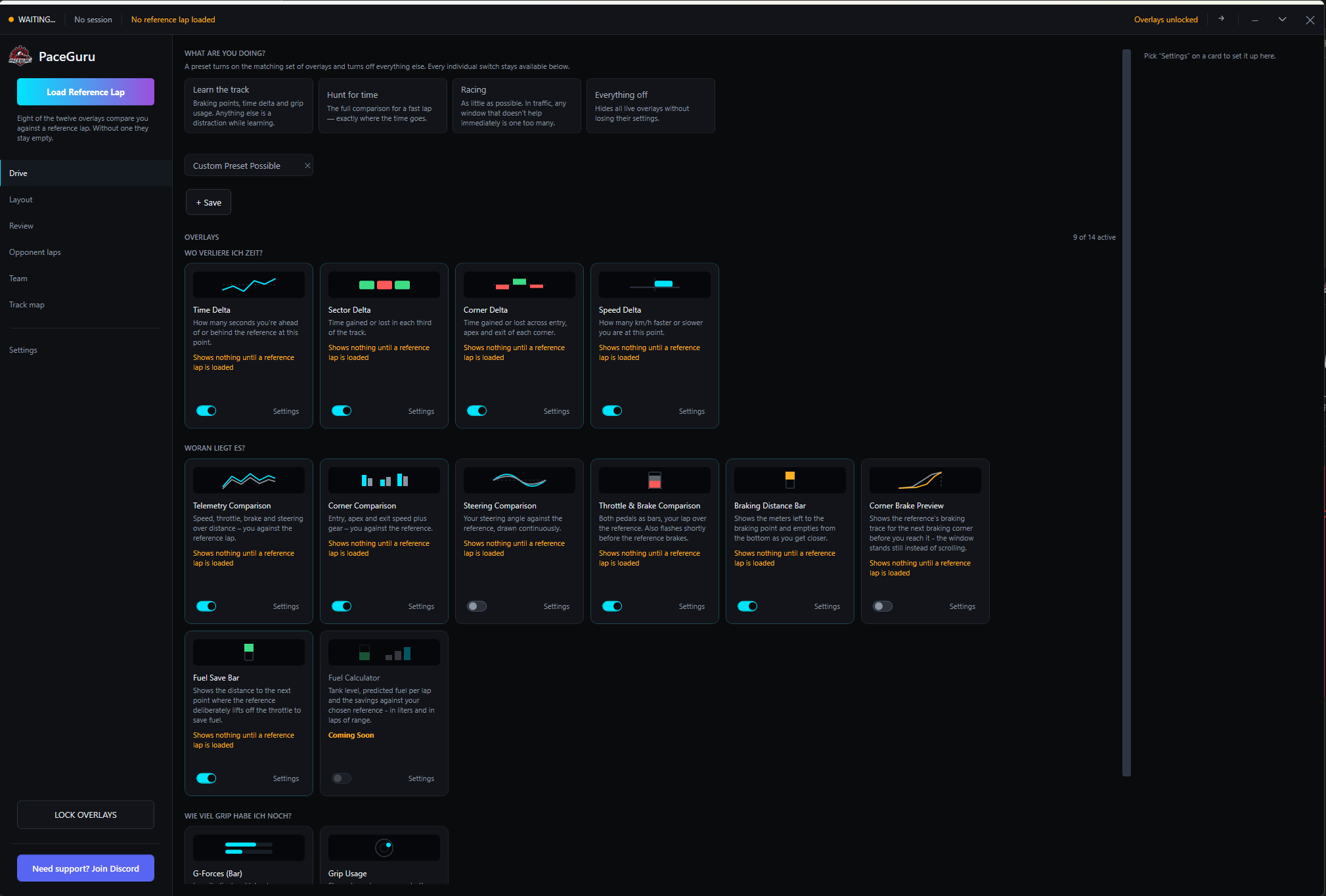 PaceGuru main window: at the top the question “What are you doing?” with the presets Learn the track, Hunt for time, Racing and Everything off, below them the overlays in groups, each with a switch and settings